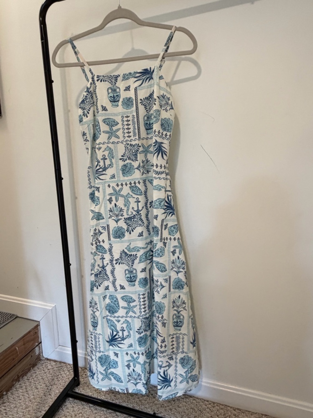 Blue & White Printed Spaghetti-Strap Maxi Dress